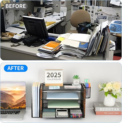Desk Organizers and Accessories, Desk Accessories & Workspace Organizers for Office Supplies, File Organizer Desk Drawer Organizer with 2 Pen Holders, 4 Tier Paper Organizer for Desk(Wood)
