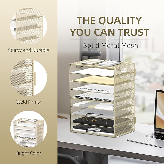 DALTACK 9-Tier Paper Letter Tray Desk Organizer with Handles, Mesh File Holder Organization, File Organizer for Desk Paper Sorter for Office Home School, Golden Yellow