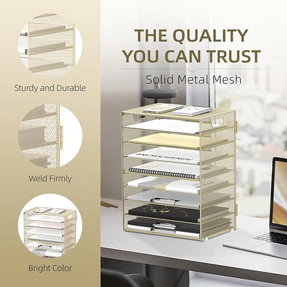DALTACK 9-Tier Paper Letter Tray Desk Organizer with Handles, Mesh File Holder Organization, File Organizer for Desk Paper Sorter for Office Home School, Golden Yellow