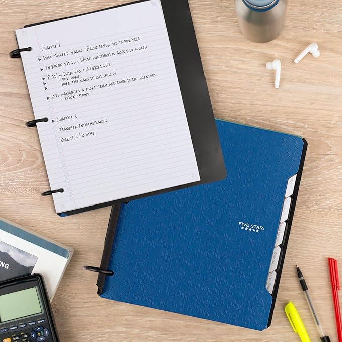 Five Star Flex Refillable Notebook + Study App, College Ruled Paper, 1-1/2 Inch TechLock Rings, Pockets, Tabs and Dividers, 300 Sheet Capacity, Blue (29324AD2)