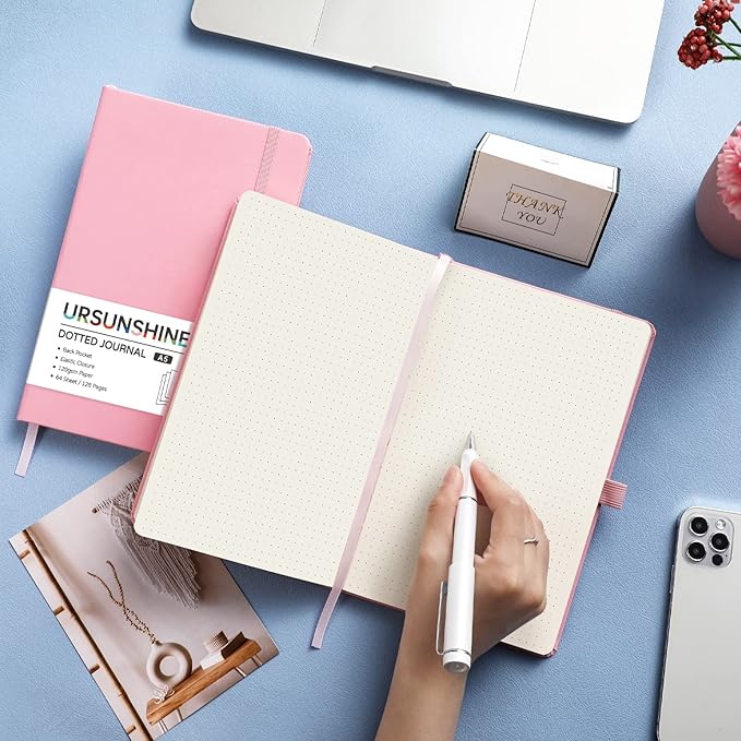 Dotted Journal/Notebook - Dot Grid Hard Cover Notebook, Premium Thick Paper with Fine Inner Pocket, Black Smooth Faux Leather, Pen Loop, 5.3'' x 8.26'' - Pink