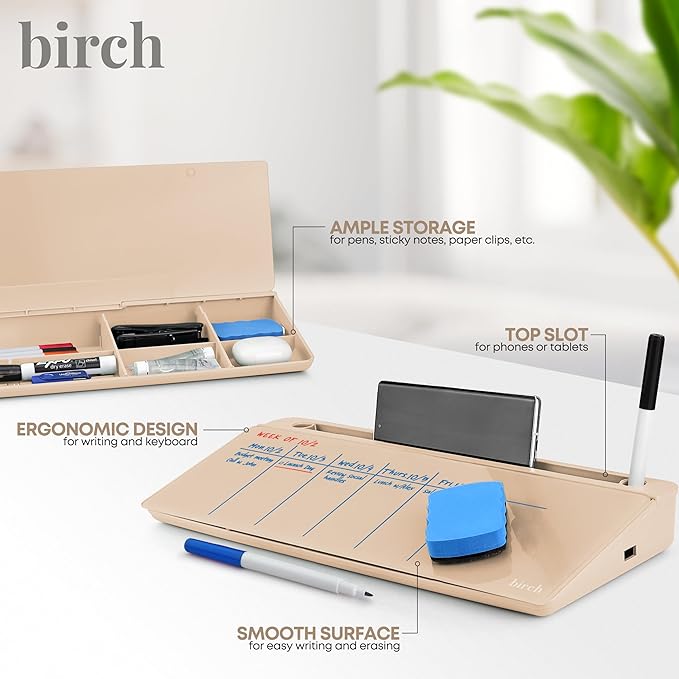 Birch Desktop Whiteboard with Storage & Multiple Marker Surface Desktop Glass Dry Erase Board Desk Top White Board Dry Erase Notepad Desk White Board Tabletop Desk Whiteboard (Sand)