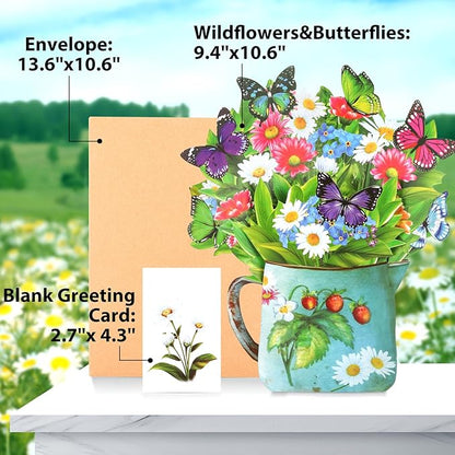 Pop Up Cards,Wildflowers & Butterflies,12 Inch Forever Flower Bouquet 3D Popup Greeting Cards With Blank Note Card and Envelope,Perfect For Birthday,Christmas,Thanksgiving Day,Mother's Day Gifts