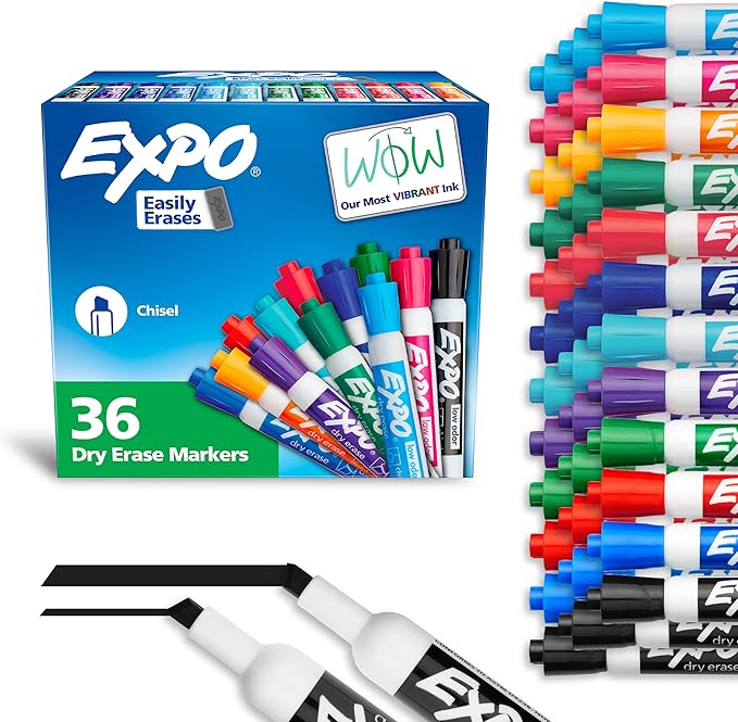 EXPO Low Odor Dry Erase Markers, Chisel Tip, Assorted Fashion Colors, 36 Count for Classroom, Office & Home Use