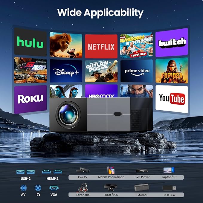 [Electric Focus] Projector with WiFi and Bluetooth, 20000LM Native 1080P Projector with Screen, YOWHICK Portable Movie Smart Projector, Home Projector 4K Supported for Phone/TV Stick /HDMI/USB Grey