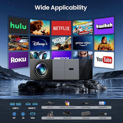 [Electric Focus] Projector with WiFi and Bluetooth, 20000LM Native 1080P Projector with Screen, YOWHICK Portable Movie Smart Projector, Home Projector 4K Supported for Phone/TV Stick /HDMI/USB Grey