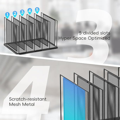 Inclined Desktop File Sorter, 5-Section Vertical File Folder, Mail Sorter Organizer for file holders, Metal File Organizer, Desktop File Folder Organizer for Office Classroom, Black