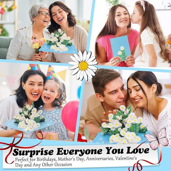 3D Daisy Flowers Pop Up Card for Teacher Appreciation Gifts, Thank You, Congratulations, Suitable for Mom, Daughter, Wife, Grandma