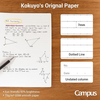 KOKUYO Composition Notebooks, 3 Pack Campus B5 Comp Book with Dotted A 7mm Rule, 40 Sheets, School Lined Notebook in Blue Green Yellow, Cute Journal for Women Girls Work Study Note Taking Japan Import