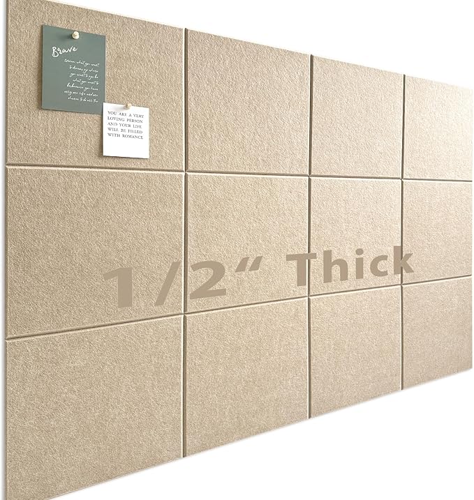 Large Cork Board for Office Wall Decor,48"x36"-12 Pack Felt Wall Tiles with 35 Push Pins, Thicker 0.47in, Felt Bulletin Board Pin Board Cork Boards for Walls - Tan