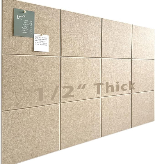 Large Cork Board for Office Wall Decor,48"x36"-12 Pack Felt Wall Tiles with 35 Push Pins, Thicker 0.47in, Felt Bulletin Board Pin Board Cork Boards for Walls - Tan