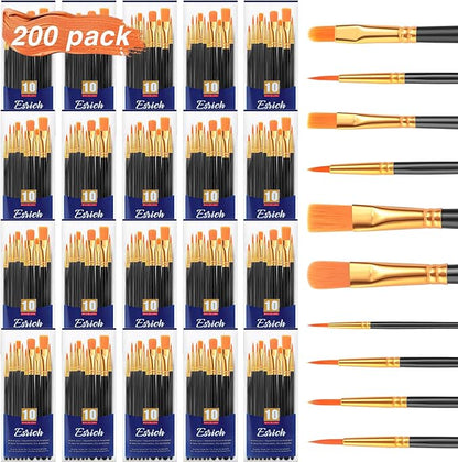 ESRICH Acrylic Paint Brushes Set, 20 Packs / 200 Pcs Nylon Hair Paint Brushes,Paint Brush Set Suitable for Oil,Watercolor,Rock Body Face Art, Kids Adult Perfect Art Painting Craft Paint Brush Kits.
