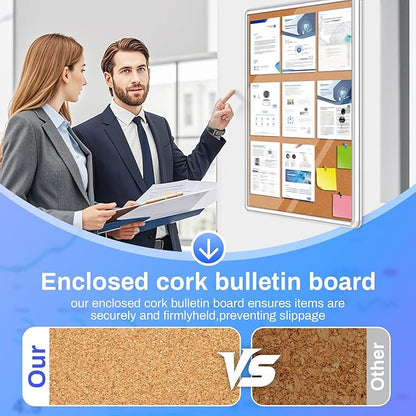 Magula 24"x18" Enclosed Cork Bulletin Board Tamper-Proof Dispaly Case, Aluminium Frame, Shatter Resistant Lockable Bulletin Board, Enclosed Cork Board for School, Office, Commercial, Hospital etc