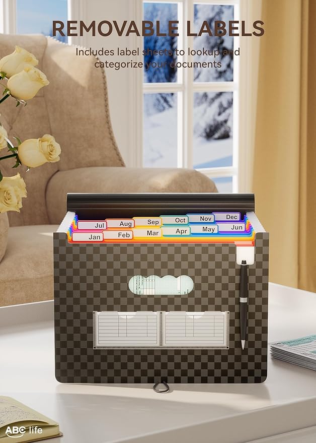 ABC life Accordian File Organizer 12 Pockets,Expanding File Folder/Portable A4 Letter Size Filling Box, Expandable Desktop Accordion Folder, Plastic Paper Document Coupon Organizer with Colored Labels