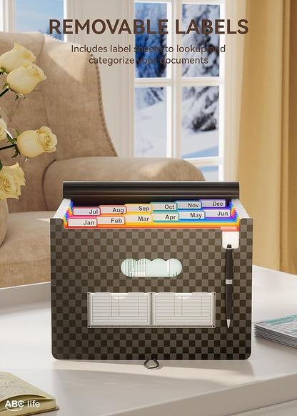 ABC life Accordian File Organizer 12 Pockets,Expanding File Folder/Portable A4 Letter Size Filling Box, Expandable Desktop Accordion Folder, Plastic Paper Document Coupon Organizer with Colored Labels