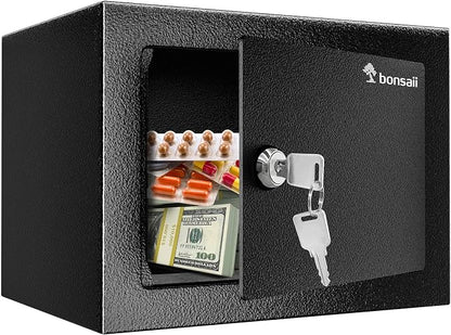 Bonsaii Safe Box with Key Lock, Steel Security Lock Box, 0.23 Cubic Feet, 9.06" W x 6.69" D x 6.69" H, Small Hidden Safe for Cash Jewelry
