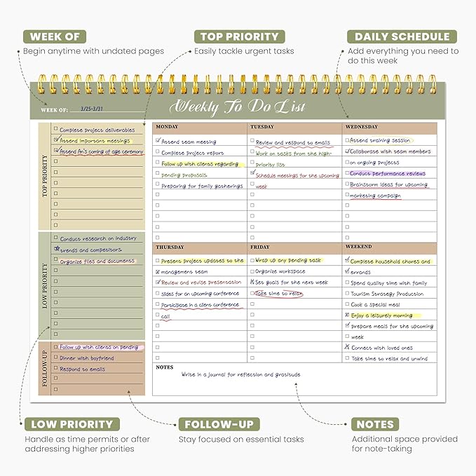 Weekly To Do List Notepad with 52 Undated Sheets（8.5"×11"）- Undated Weekly Planner Notepad for Office Desk Accessories and Supplies - Forest Shades