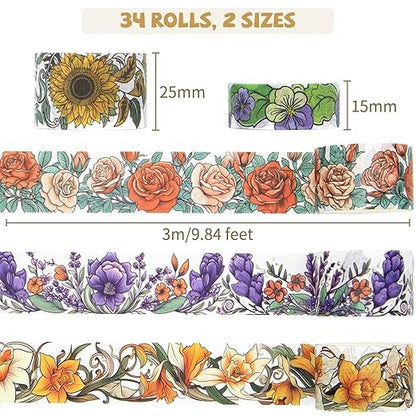Flower Washi Tape Set, 34 Rolls Floral Tapes for Journaling Supplies, 25mm and 15mm Decorative Tape for Crafts, Christmas Gifts for Moms, Girlfriends, Kids (Rose, Sunflower, Lavender)