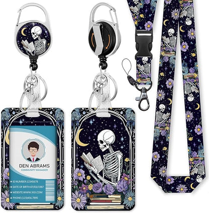 Lanyards for Id Badges, Funny Badge Holder with Retractable Badge Reel Clip, Skull Skeleton Reading Book Card Name Tag Lanyard Vertical ID Card Protector for Women Nurse Doctor Teacher Student