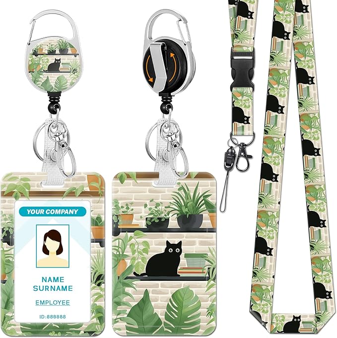 Lanyards for Id Badges, Black Cat Leaves Badge Holder with Retractable Reel Clip, Cute Work Name Tags Keychain Lanyard ID Card Protector Cover Case for Women Teacher Nurse Doctor Office