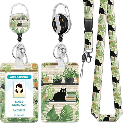Lanyards for Id Badges, Black Cat Leaves Badge Holder with Retractable Reel Clip, Cute Work Name Tags Keychain Lanyard ID Card Protector Cover Case for Women Teacher Nurse Doctor Office