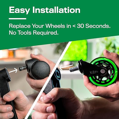 The Office Oasis Original Roller Style Office Chair Wheels (As Seen On PBS) - Smooth & Quiet Casters - Safe for Hardwood Floors & Carpet - Easy Install with Universal Fit - Set of 5 - Green