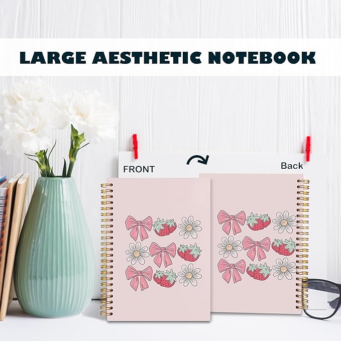 BearCake Spiral Notebook Journal For Women,Preppy Pink notebook gift,Aesthetic Notebooks,Bow composition notebook,Cute Strawberry Flower notebook,Pink Bow notebook,Spiral Notebook 5.5x8.3