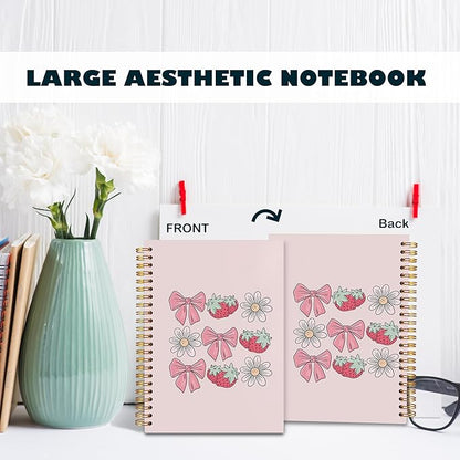 BearCake Spiral Notebook Journal For Women,Preppy Pink notebook gift,Aesthetic Notebooks,Bow composition notebook,Cute Strawberry Flower notebook,Pink Bow notebook,Spiral Notebook 5.5x8.3