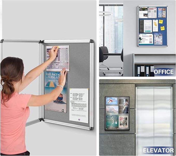 SWANCROWN Fabric Bulletin Board Enclosed Wall-Mounted Display Case for Office Classroom Home,26x20inch(4xA4)