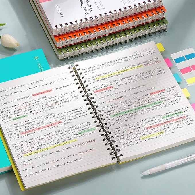 EMSHOI A4 Spiral Notebook College Ruled Lined Journal, 11.2" x 8.27", 300 Pages, 100gsm Thick Paper, Waterproof Softcover, Twin-Wire Binding, Sticky Notes, Green