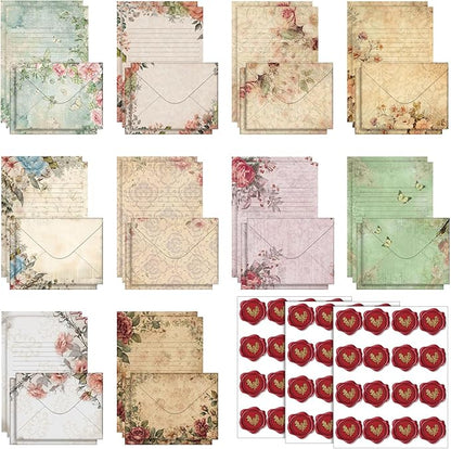TaoBary 160 Packs Stationery Paper Set (50 Double Sided Stationery Writing Papers 50 Matching Envelopes) 60 Round Dot Sticker, 10 Design(Vintage Floral,5.5 x 8.25 Inch)