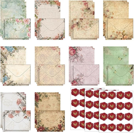 TaoBary 160 Packs Stationery Paper Set (50 Double Sided Stationery Writing Papers 50 Matching Envelopes) 60 Round Dot Sticker, 10 Design(Vintage Floral,5.5 x 8.25 Inch)