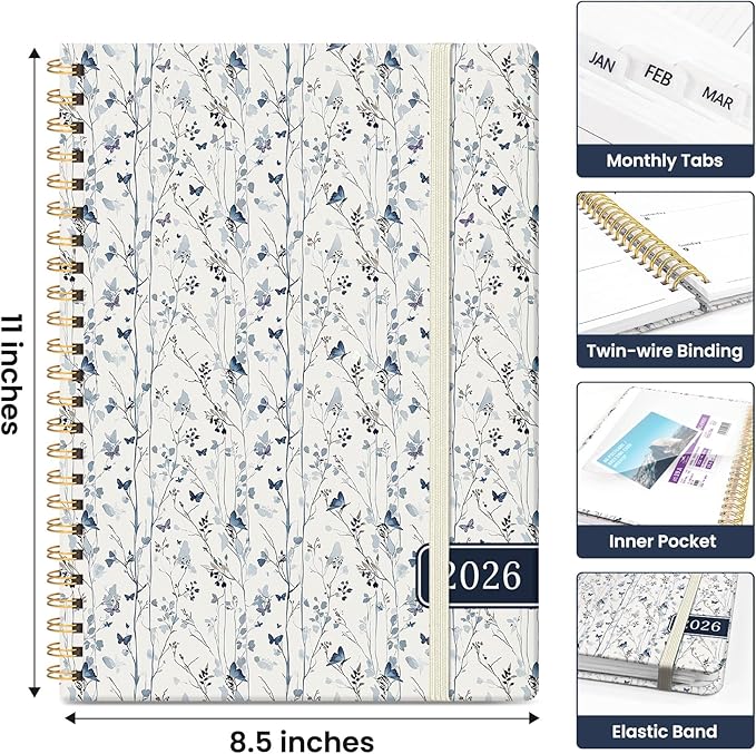 2026 Planner, Aesthetic Weekly and Monthly Planner for Women, Jan 2026 to Dec 2026, Hardcover 2026 Calendar Book with Monthly Tabs, Inner Pocket, Perfect for Office Home School - A4 (8.5" x 11"), Butterfly Grove