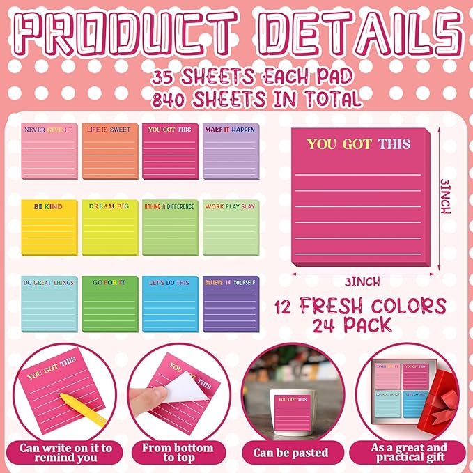 Yinder 24 Pcs Inspirational Sticky Notes with Lines Cute Motivational Sticky Notes Pad Employee Appreciation Gifts Bulk for Teacher Nurse Coworkers Office Supplies 3 x 3''(Dark Color,Motivational)