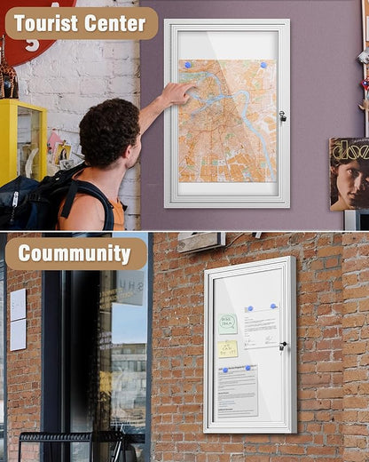 36"x24" Enclosed Bulletin Board, Outdoor Lockable Weather-Resistant Aluminum Noticeboard for School & Office, Silver Frame w/Magnetic Board