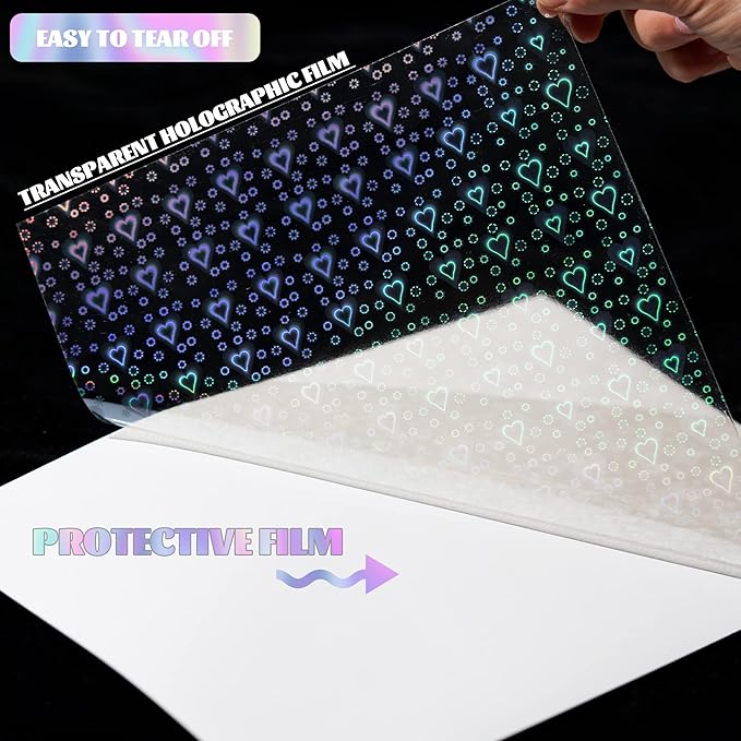 Bylion 2 Types Transparent Holographic Overlay Lamination Vinyl A4 Size Self-Adhesive Laminate Waterproof Vinyl Sticker Paper, 10 Sheets 8.25 x 11.7 Inches