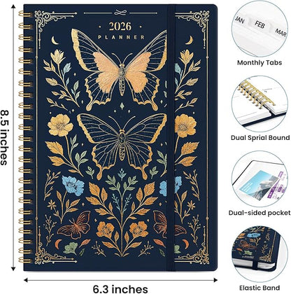 2026 Planner, Weekly and Monthly Planner for Women, January 2026 to December 2026, Pretty Hardcover 2026 Calendar Planner Book with Tabs, Inner Pocket, Spiral Bound, Perfect Office Home School Supplies - 6.3" x 8.5", Golden Butterfly