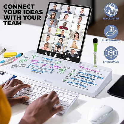 Desktop Whiteboard - Glass Dry Erase White Board - Desk Computer Buddy – Home Office & Studying Essentials - with Phone & Tablet Slot, Storage Compartment - Includes 4 Markers, 1 Eraser (2 Pack)