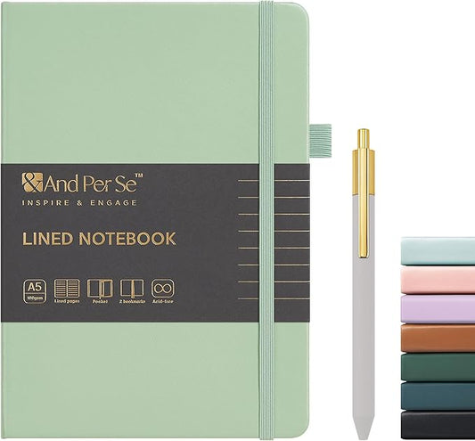 A5 Lined Journal and Pen Set, Hardcover Notebook with Pen, 160 Pages 100gsm Thick Ruled Paper for for Women Men Work Business School or Home Writing, 5.7'' x 8'' (Light Green)