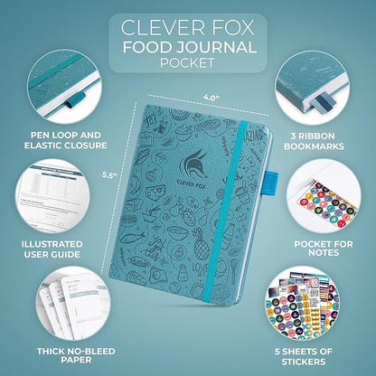 Clever Fox Food Journal Pocket - Daily Food Diary, Meal Planner to Track Calories & Nutrients, Weight Loss Tracker Notebook, 4x5.5” (Aquamarine)