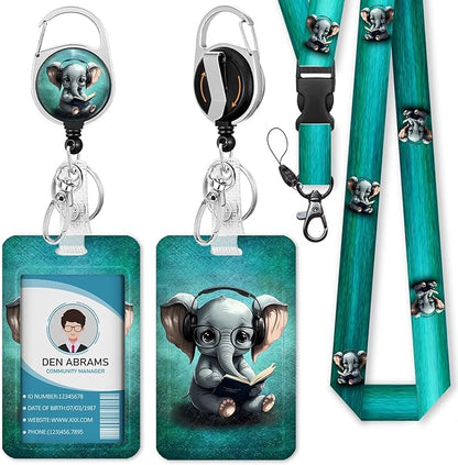 Lanyards for Id Badges, Cute Elephant Badge Holder with Retractable Heavy Duty Reel Belt Clip, Work Card Name Tag Lanyard Vertical ID Card Protector for Women Nurse Doctor Teacher Student