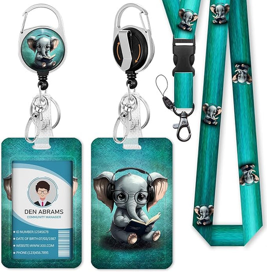 Lanyards for Id Badges, Cute Elephant Badge Holder with Retractable Heavy Duty Reel Belt Clip, Work Card Name Tag Lanyard Vertical ID Card Protector for Women Nurse Doctor Teacher Student