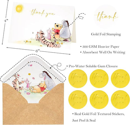 Crisky Gold Foil Winnie the Pooh Thank You Cards with Envelopes and Stickers, 50 Pack Animal Thank You Cards for Baby Showers, Birthdays, Friendsgiving