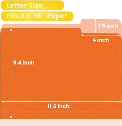 SUNEE File Folders Letter Size Orange, 100 Pack Manilla Folders 8.5 x 11 1/3-Cut Tabs, Colored File Folders Office Home School for Documents Files Paper