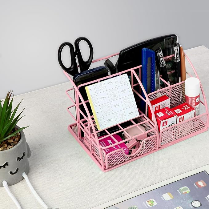 JUOPIEA Desk Organizers and Accessories Office Supplies Organizer with Pen Holder, 72 Clips Set and Phone Stand, Metal Mesh Desktop Organizers with Drawer for Home, Office, School Ect