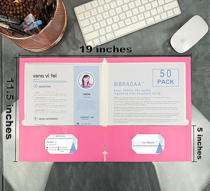 BIBRADAA® 50 Packs Pink Folders with Pockets,File Folder with Pockets Fit Letter Size Paper,File Folders Letter Size,Durable Paper Folders for School, Office, Business. (50, Pink)