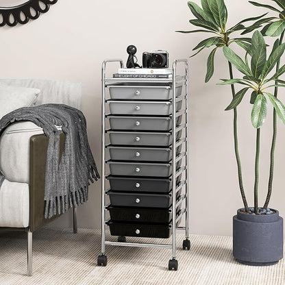 Storage Cart, Rolling Utility Cart with 10 Drawers, Portable Handles & Lockable Wheels, Mobile Paper Toys Storage Organizer Large Capacity for Home Office School Teacher (Gradient Black)