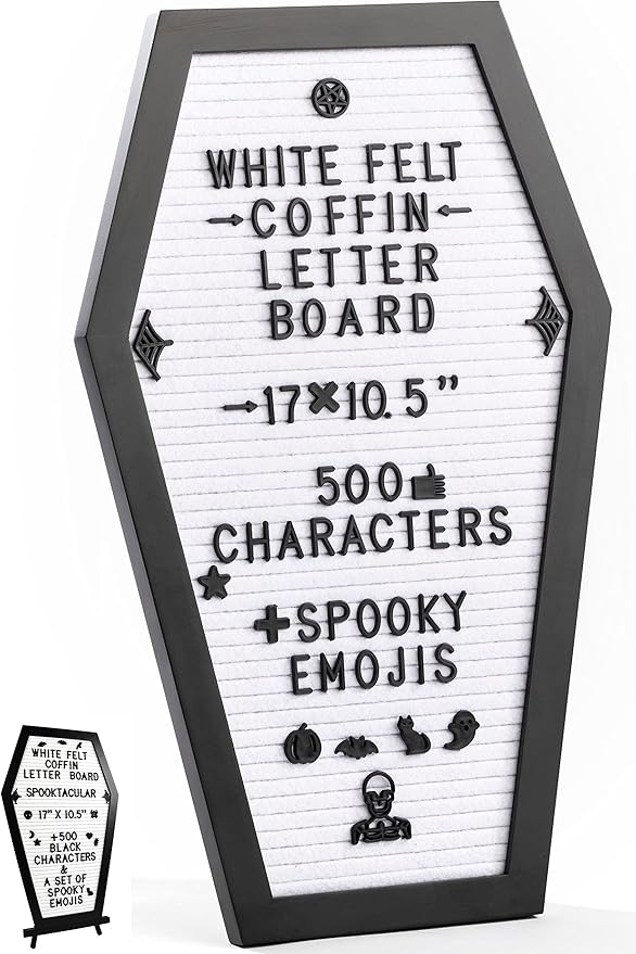 Coffin Letter Board White With Spooky Emojis +500 Characters, and Wooden Stand - 17x10.5 Inches - Gothic Halloween Decor Spooky Gifts Decorations