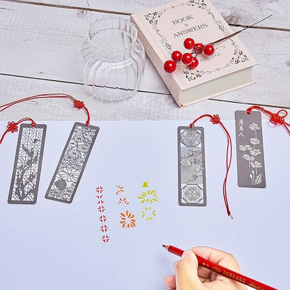 Outus 8 Pieces Hollow Art Metal Bookmarks for Wedding Men Teachers Employee Appreciation Gift Stainless Steel Bookmarks with Red Knot Theme Bookmarks for Book Reading Presents, 4.5 x 1.25 Inch