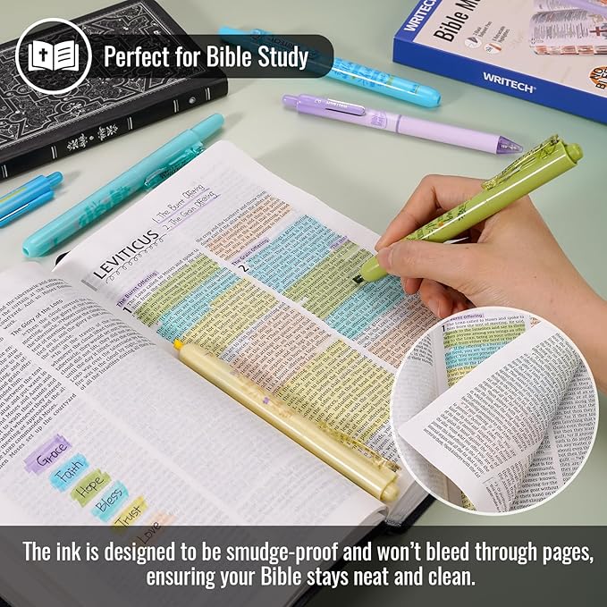 WRITECH Bible Mate Journaling Set: No Bleed Bible Highlighters & 0.7mm Black Ink Ballpoint Pens, Fast-Drying Ink, Pastel Colors Highlighter, Journaling Kit, 9ct